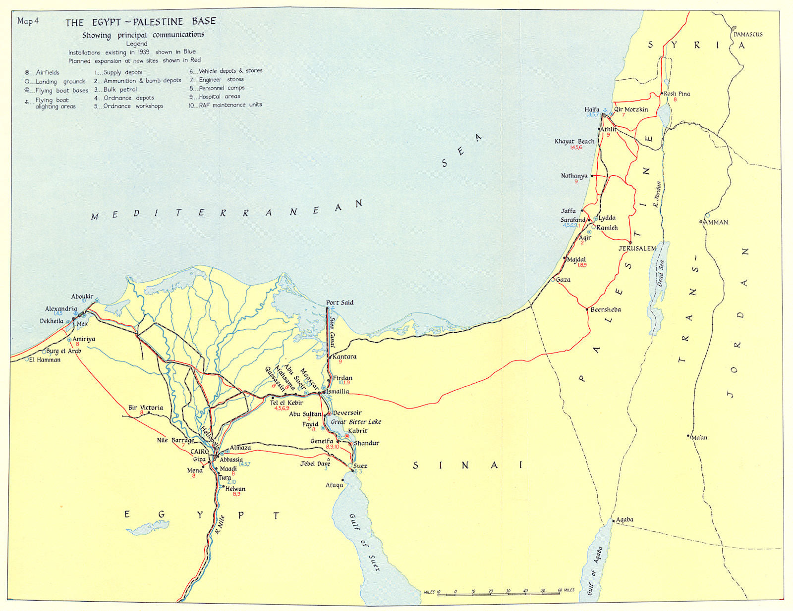 SECOND WORLD WAR. Egypt-Palestine base 1940. Communications Logistics 1954 map